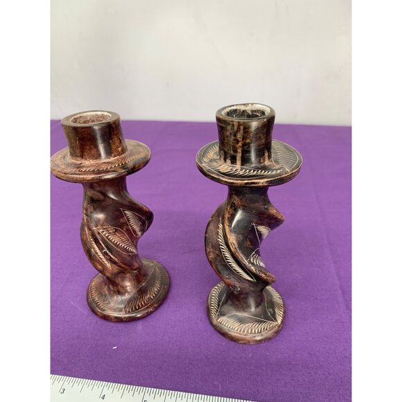 Soapstone Handcarved Candleholders Spiral Tapers 5.5  & 6 Inch Brown Carved - Picture 5 of 7